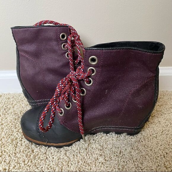Sorel PDX Lace up Wedge Lexie Wedge Maroon Black Leather Canvas 6.5 - Picture 2 of 6
